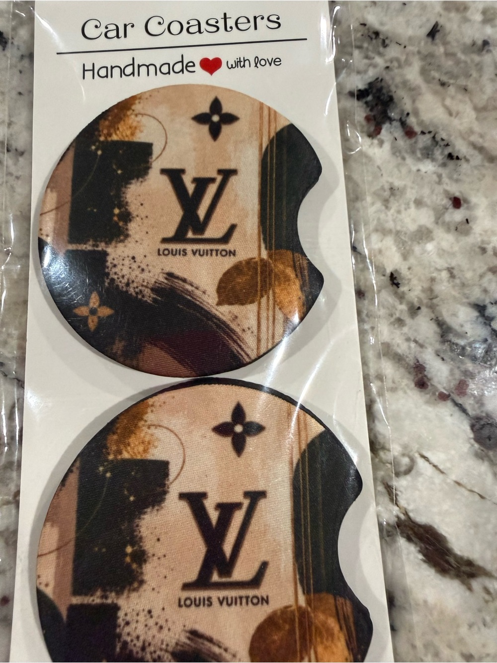 Louis Vuitton Brown and Gold Car Coaster Set